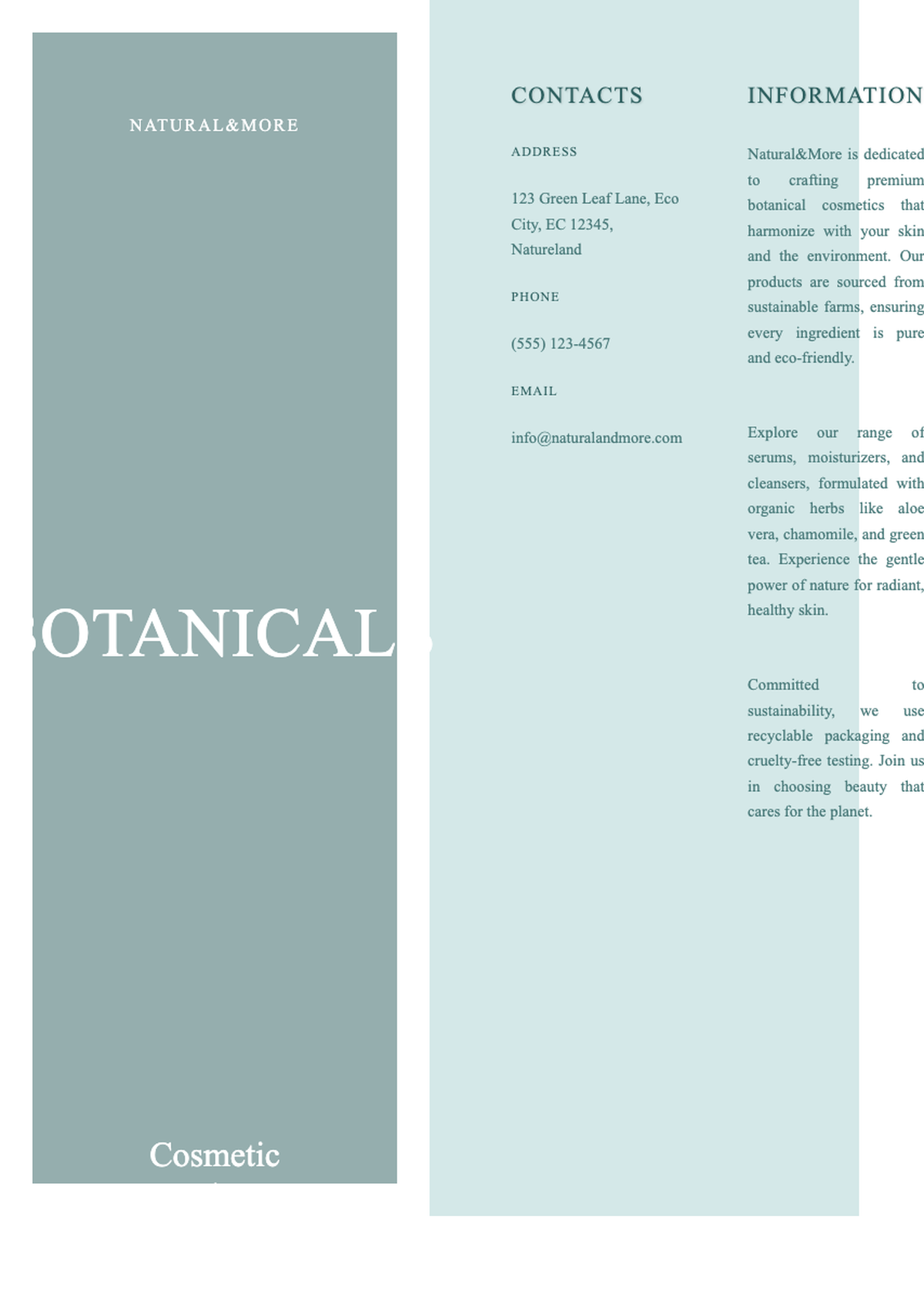 Botanical cosmetic product brochure with nature imagery and contact details_variant_3